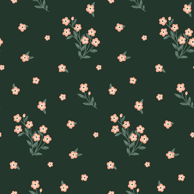 Patrón sin costuras con flores rosas simples en un campo verde oscuro Patrón floral con pequeñas flores lindas y hojas Fondo floral simple en vector