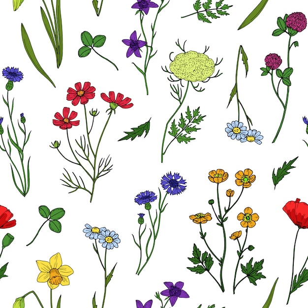Patrón sin costuras de flores silvestres Papel tapiz floral vintage flores silvestres Verano, primavera textura textil botánica