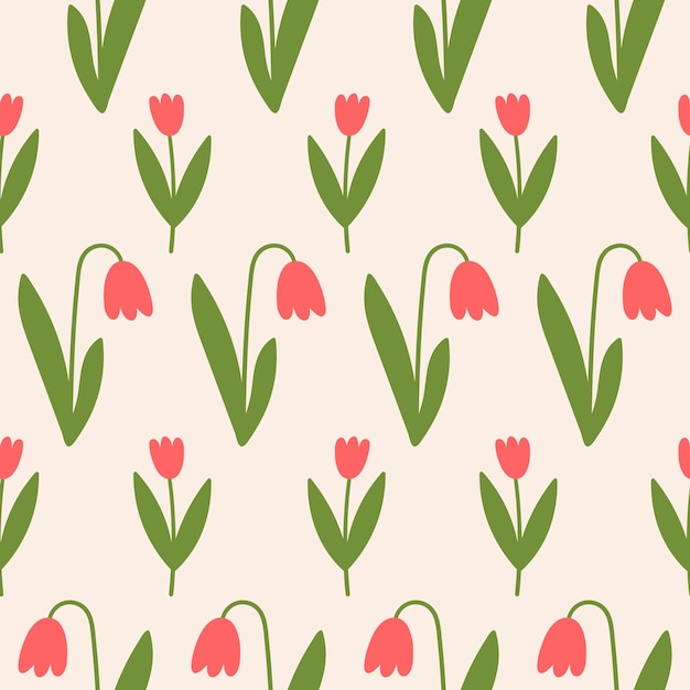 Patrón sin costuras con flores de tulipán al azar en un fondo beige Impresión minimalista floral linda