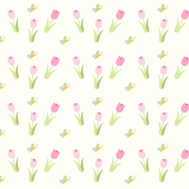 Patrón de costuras de flores con tulipanes y mariposas