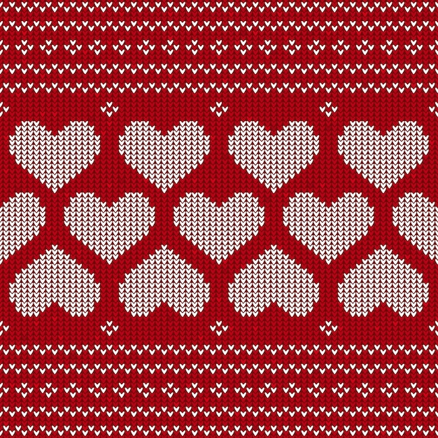 Patrón sin costuras fondo de punto rojo y blanco con corazones patrón de punto sobre fondo rojo