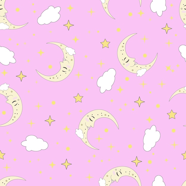 Un patrón sin costuras en un fondo rosado con una luna dormida y nubes