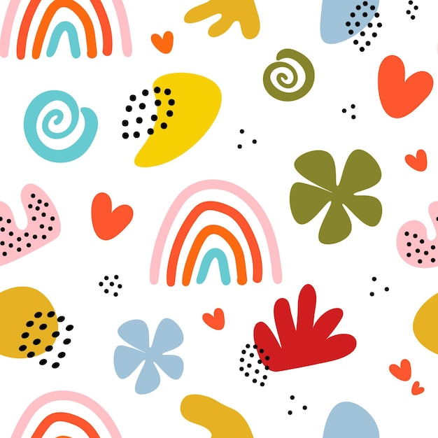 Patrón sin costuras con formas abstractas en un fondo blanco estilo retro corazones flores manchas de colores