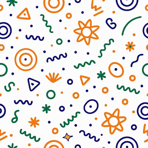 Patrón sin costuras con formas geométricas abstractas círculos líneas onduladas estrellas y puntos en naranja azul y verde sobre un fondo blanco