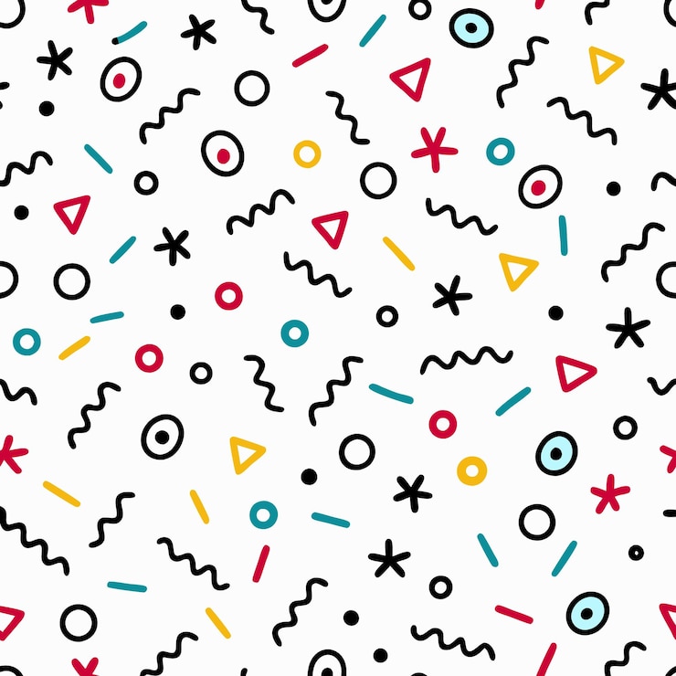 Vector patrón sin costuras de formas geométricas coloridas y elementos abstractos sobre fondo blanco