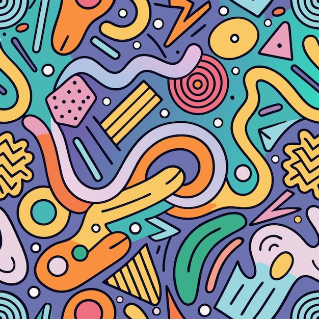 Patrón sin costuras con formas geométricas coloridas sobre un fondo azul