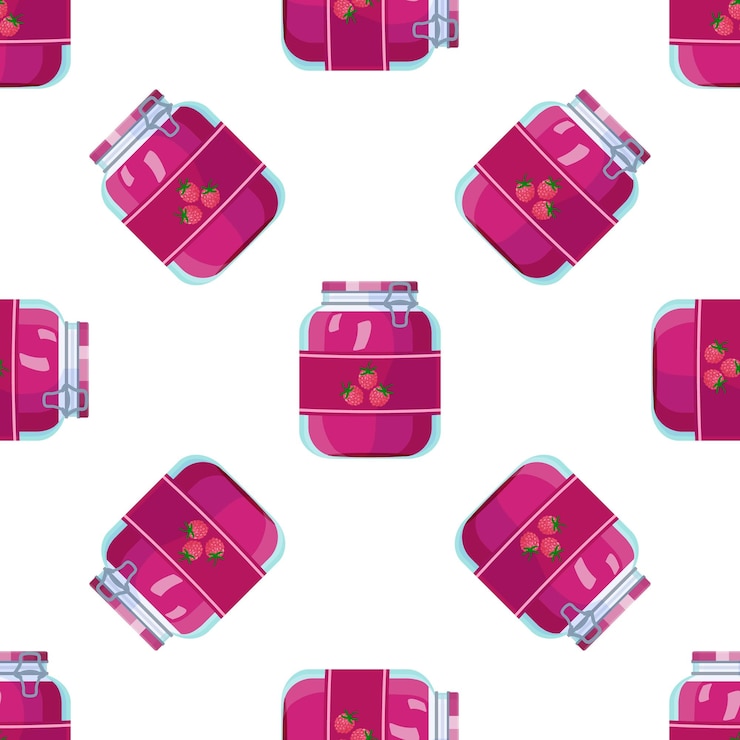 Vector patrón sin costuras con frascos de mermelada de frambuesa que muestran tonos rosados vibrantes y bayas frescas perfectas para envases de alimentos o decoración de cocina
