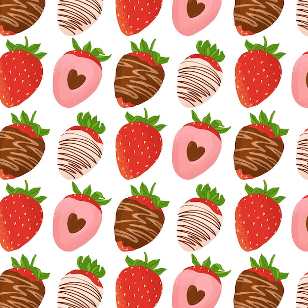 Vector patrón sin costuras con fresas maduras bayas frescas cubiertas con esmaltado de chocolate diferentes diseños y colores ilustración vectorial en un fondo transparente