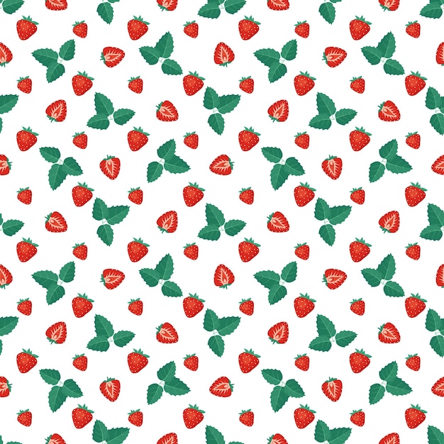 Patrón sin costuras con fresas rojas y hojas Estampado lindo de verano o primavera Decoración festiva para textiles, papel de envolver y diseño Ilustración plana vectorial