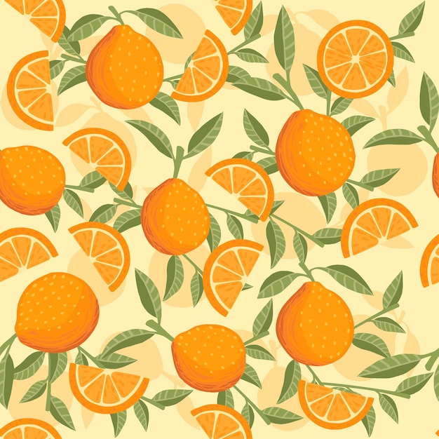 Patrón sin costuras de fruta amarilla cítrica naranja entera cortada a la mitad y cortada con hojas verdes ilustración vectorial plana sobre fondo beige