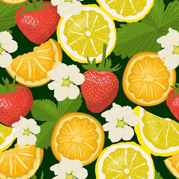 Patrón sin costuras de fruta de fresa de limón naranja Impresión vectorial para papel de envoltura de tela textil