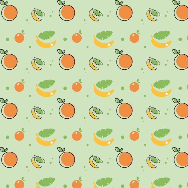 Patrón sin costuras con fruta fresca de naranja y plátano fondo de pantalla de nutrición de vitamina saludable sobre un fondo verde ilustración de vector de color de contorno