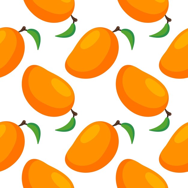 Patrón sin costuras con fruta de mango con hoja verde sobre fondo blanco en diseño de estilo de dibujos animados para