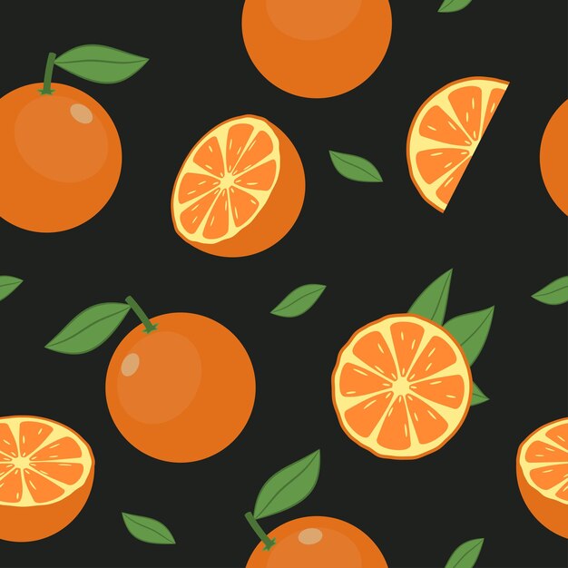 Patrón sin costuras de fruta naranja Cítricos frescos con fondo de hoja Ilustración vectorial