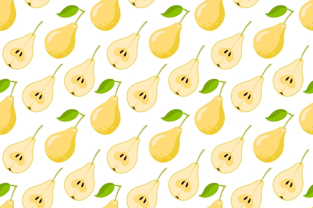 Patrón sin costuras con fruta de pera amarilla con hojas repetidas ilustración vectorial plana de alimentos