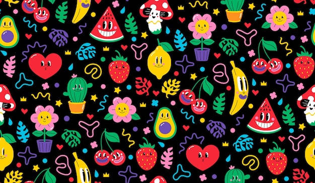 Patrón sin costuras de frutas y cactus retro Personajes de dibujos animados divertidos Ilustración de vector vintage