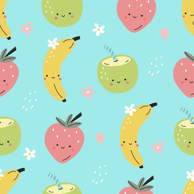 Patrón sin costuras con frutas de coco de plátano y fresa Ilustración vectorial