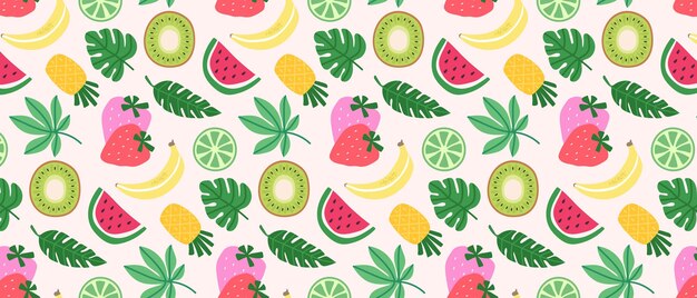 Patrón sin costuras de frutas coloridas bayas y hojas tropicales impresión de verano con frutas dibujadas a mano