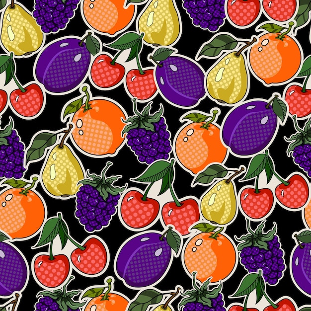 Vector patrón sin costuras de frutas de dibujos animados de verano mezcla de frutas brillantes ilustración de vector de fondo colorido