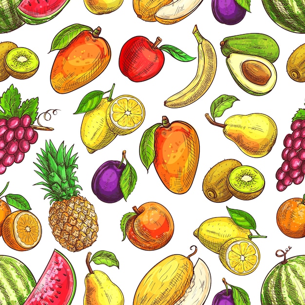 Patrón sin costuras de frutas para el diseño de alimentos y bebidas.