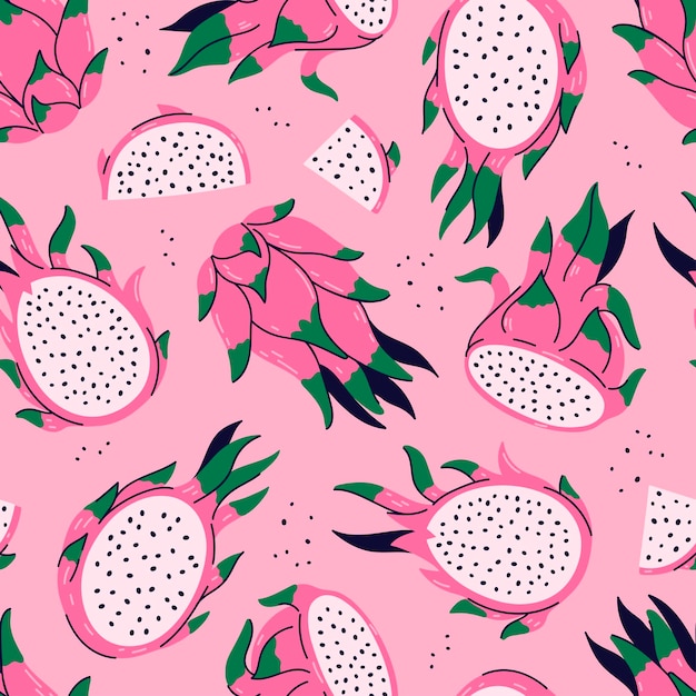 Patrón sin costuras con frutas de dragón en un fondo rosado Gráficos vectoriales