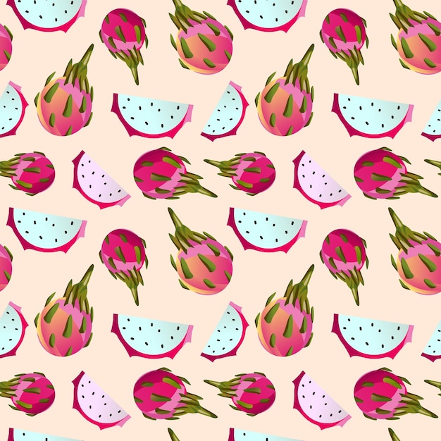 Patrón sin costuras con frutas de dragón en un fondo rosado Gráficos vectoriales