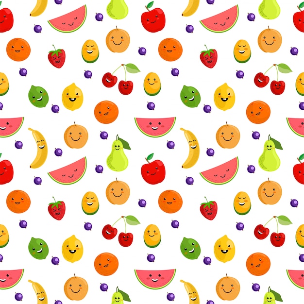 Patrón sin costuras de frutas Ejemplo lindo del fondo del modelo inconsútil del verano con las frutas frescas. Lindos personajes de frutas. Frutas divertidas para niños aislados sobre fondo blanco.