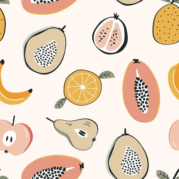 Un patrón sin costuras con frutas exóticas ilustrado en estilo doodle