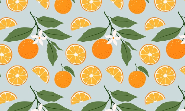 Patrón sin costuras de frutas Fondo tropical de verano brillante con flores y hojas de naranjas dibujadas a mano