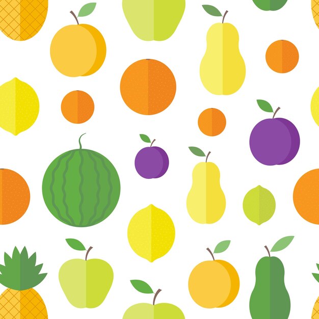 Patrón sin costuras con frutas frescas y bayas sobre un fondo blanco en estilo plano. Fondo vectorial