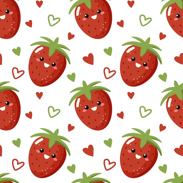 Patrón sin costuras con frutas kawaii Diseño alegre para ropa infantil con personajes de fresa lindos