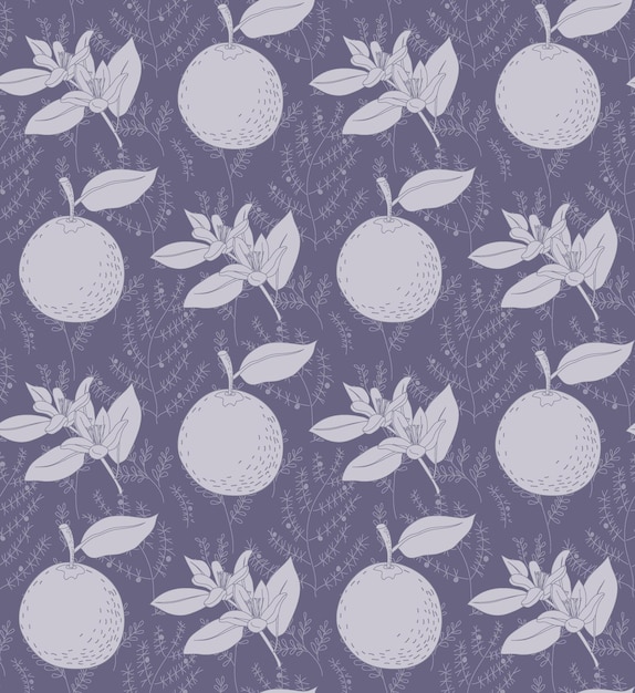 Patrón sin costuras de frutas naranjas y flores sobre fondo texturizado botánico en tonos violetas