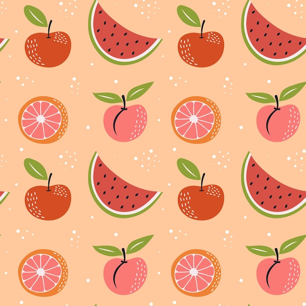 Patrón sin costuras con frutas sandía melocotón manzana y pomelo en fondo pastel