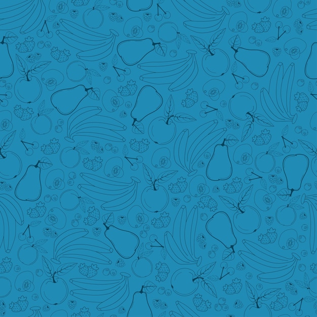 Patrón sin costuras de frutas en tonos azules línea diseño frutas plátano manzana cereza pera albaricoque kiwi fresa frambuesa arándano grosella ciruela melocotón fondo vector