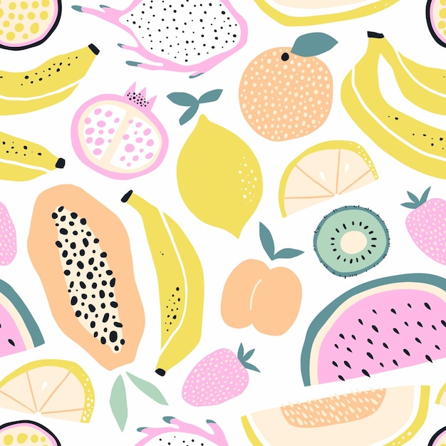 Patrón sin costuras de frutas tropicales en estilo dibujado a mano