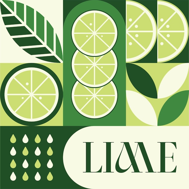 Patrón sin costuras de frutas, verduras y cal en tarjeta postal de estilo escandinavo con diseño de concepto limpio retro