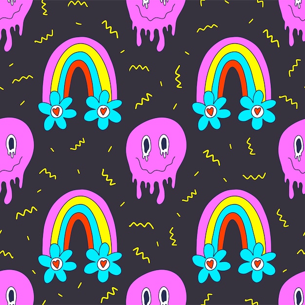 Patrón sin costuras de fusión del arco iris de la cara trippy sobre fondo negro estilo años 90 Imprimir para camisetas gráficas chaquetas de bombardero con capucha papel de regalo Nostalgia por 1990 2000 Estilo psicodélico