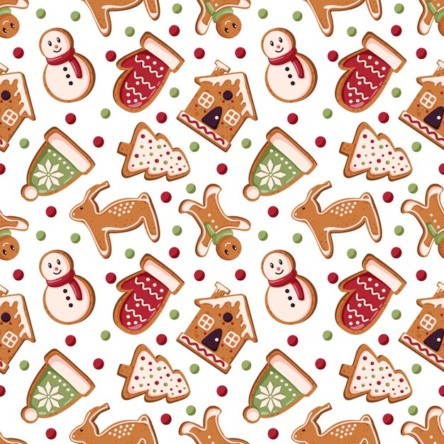 Patrón sin costuras con galleta de pan de jengibre y dulces en estilo de dibujos animados perfecto para el día de Navidad y