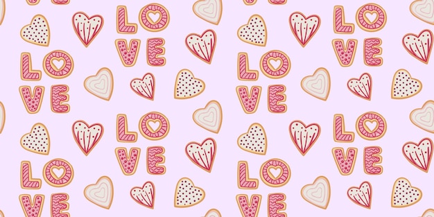 Patrón sin costuras de galletas en forma de corazón para el día de San Valentín Patrón para envolver postales de papel textiles fondos de pantalla telas etc Ilustración de vector de estilo de dibujos animados