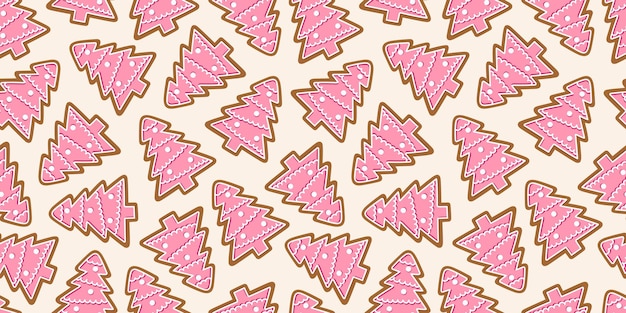 Patrón sin costuras con galletas de pan de jengibre en forma de árbol de Navidad rosado con glaseado en un fondo claro