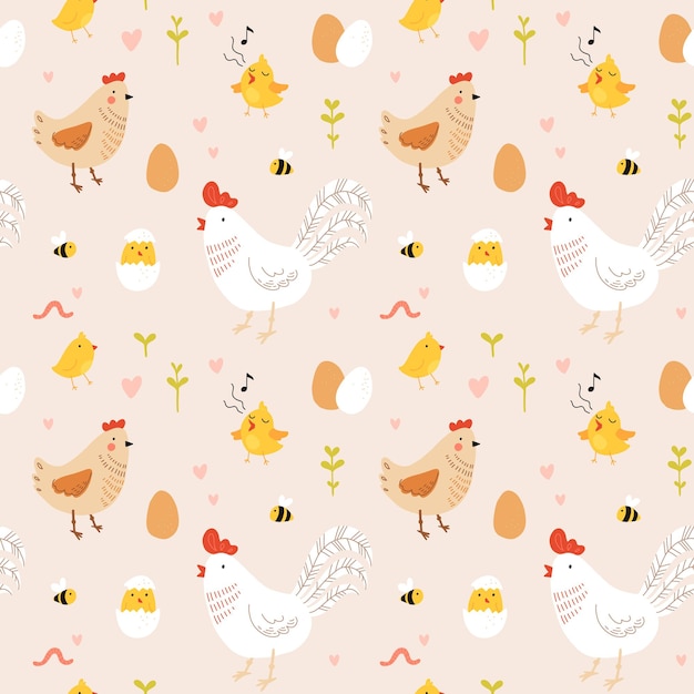 Patrón sin costuras con gallina gallo y pollitos Pollo con cría Linda familia encantadora de aves domésticas o aves de corral Ilustración de vector de dibujos animados plana infantil