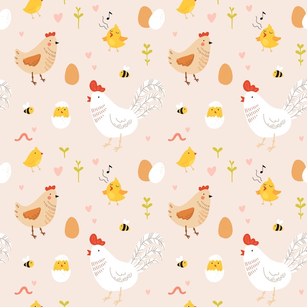 Patrón sin costuras con gallina gallo y pollitos Pollo con cría Linda familia encantadora de aves domésticas o aves de corral Ilustración de vector de dibujos animados plana infantil