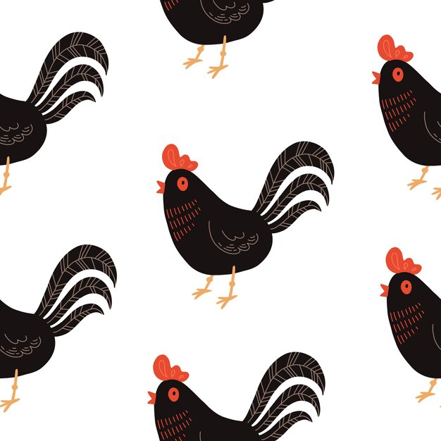 Patrón sin costuras con gallo Pollo con cría Linda familia encantadora de aves domésticas o aves de corral Ilustración de vector de dibujos animados plana infantil