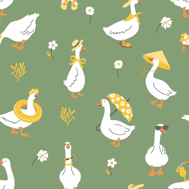 Patrón sin costuras de gansos lindos en fondo verde Ilustración vectorial de personajes de ganso Patos blancos divertidos en estilo de verano