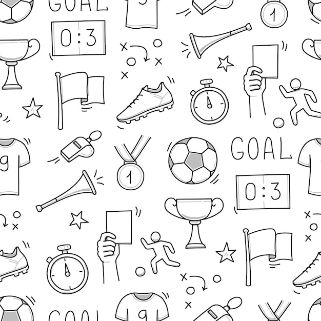 Patrón sin costuras de garabateo de fútbol Premio de la copa de goles de fútbol silbido de línea dibujada a mano estilo de dibujo garabateado