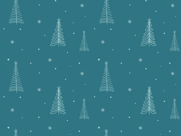 Patrón sin costuras con garabatos de abeto, abeto de pino en verde, línea abstracta dibujada, árbol de Navidad, fondo de nieve de invierno, bosque, vacaciones acogedoras con nieve.