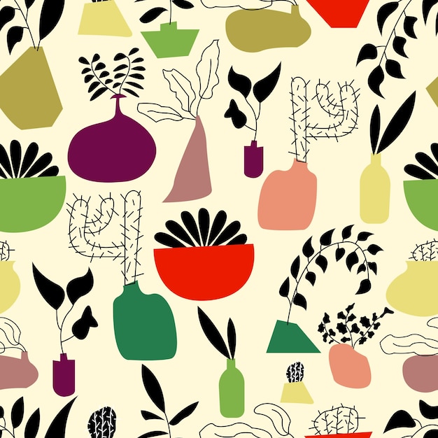 patrón sin costuras con garabatos coloridos jarrones dibujados a mano y hojas negras y cactus