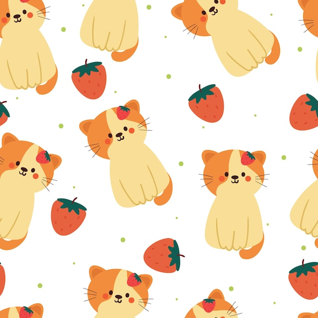 patrón sin costuras gato de dibujos animados y fresa bonito papel tapiz de animal ilustración para papel de envoltura de regalo