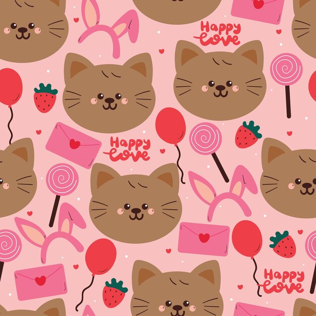 patrón sin costuras gato de dibujos animados lindo con adorables recheos de San Valentín dibujo de animales para papel tapiz y regalo
