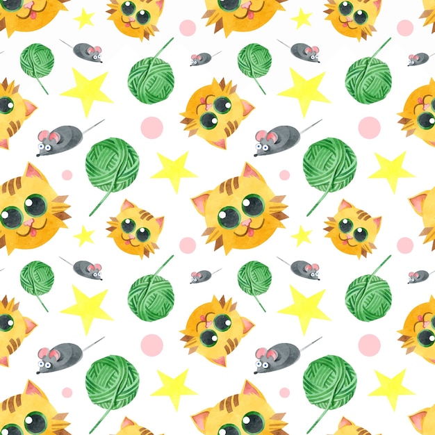 Patrón sin costuras con un gato divertido una bola de hilo un ratón gris Textura creativa para niños Ilustraciones de acuarela sobre un fondo blanco Para telas textiles sitios web papel tapiz embalaje